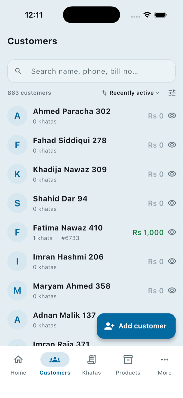 Customers list in Wasoolo with search and balances