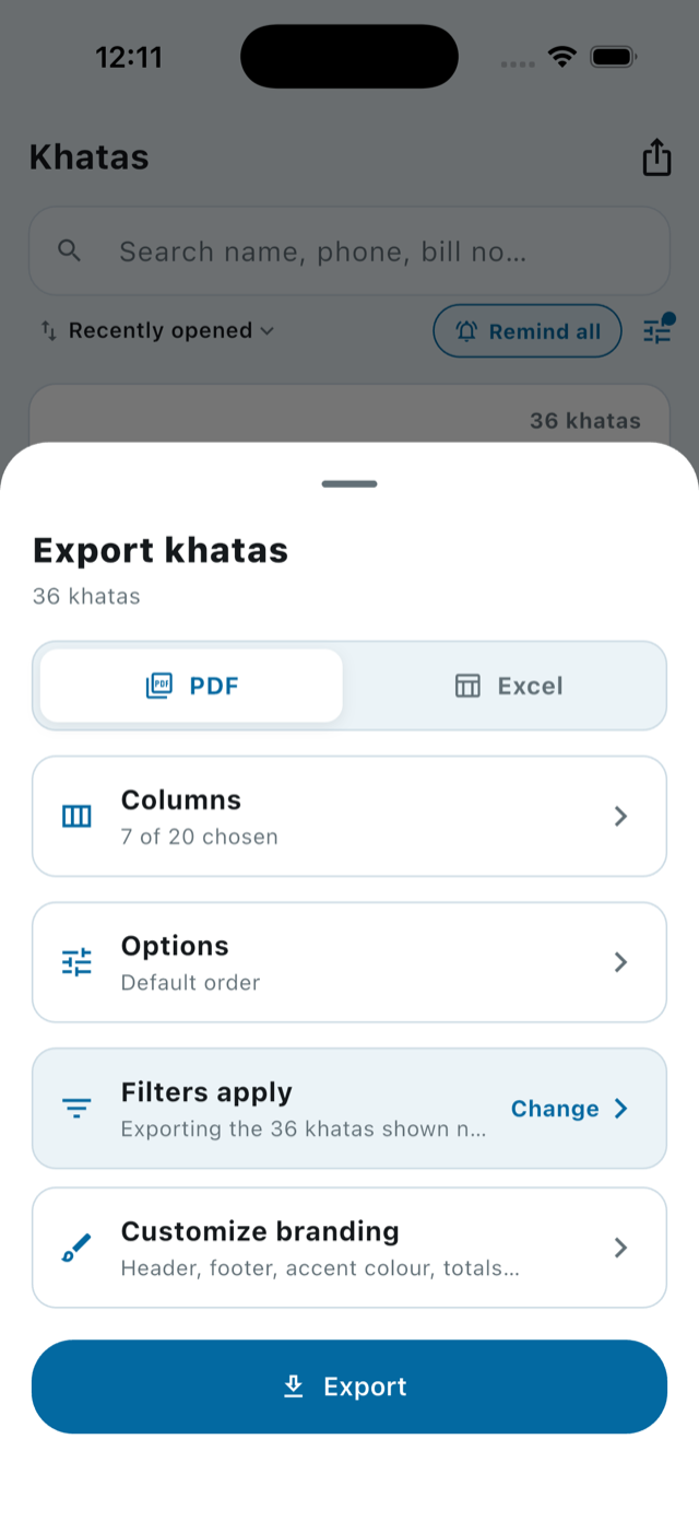 Export khatas to PDF or Excel with custom columns and branding