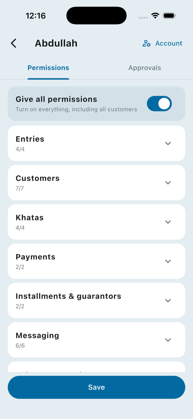 Employee permissions screen with per-section toggles